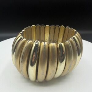 Gold Tone Wide Ribbed Stretch Cuff Bracelet Chunky Statement Runway Bold Gift